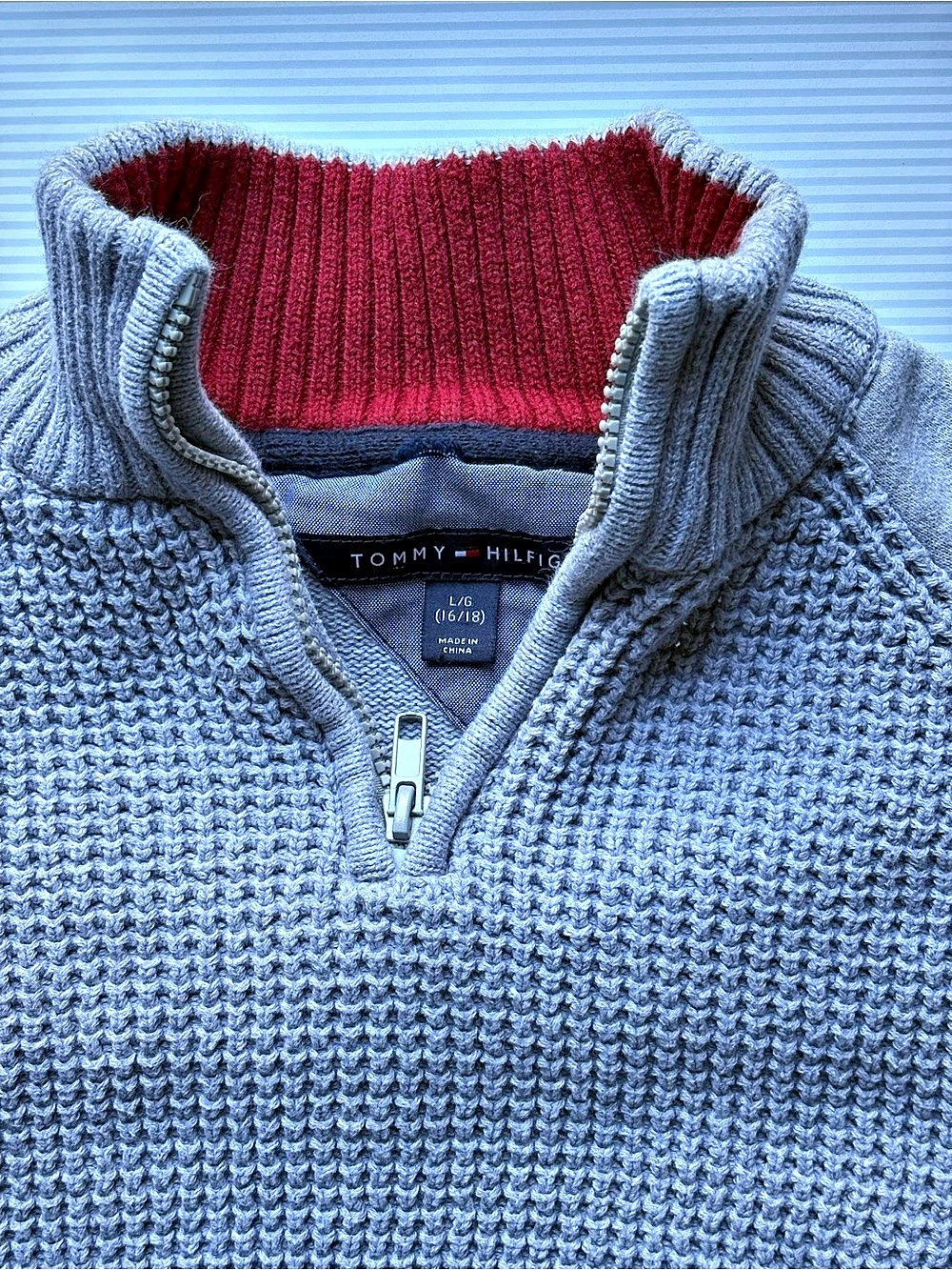 Tommy Hilfiger Boys Waffle Knit Quarter-Zip Sweater Gray Boys Large - Picture 3 of 4